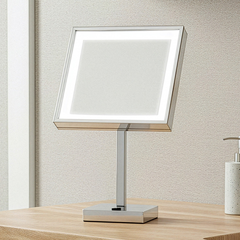 Anodized aluminum body square freestanding LED 5X magnified vanity mirror