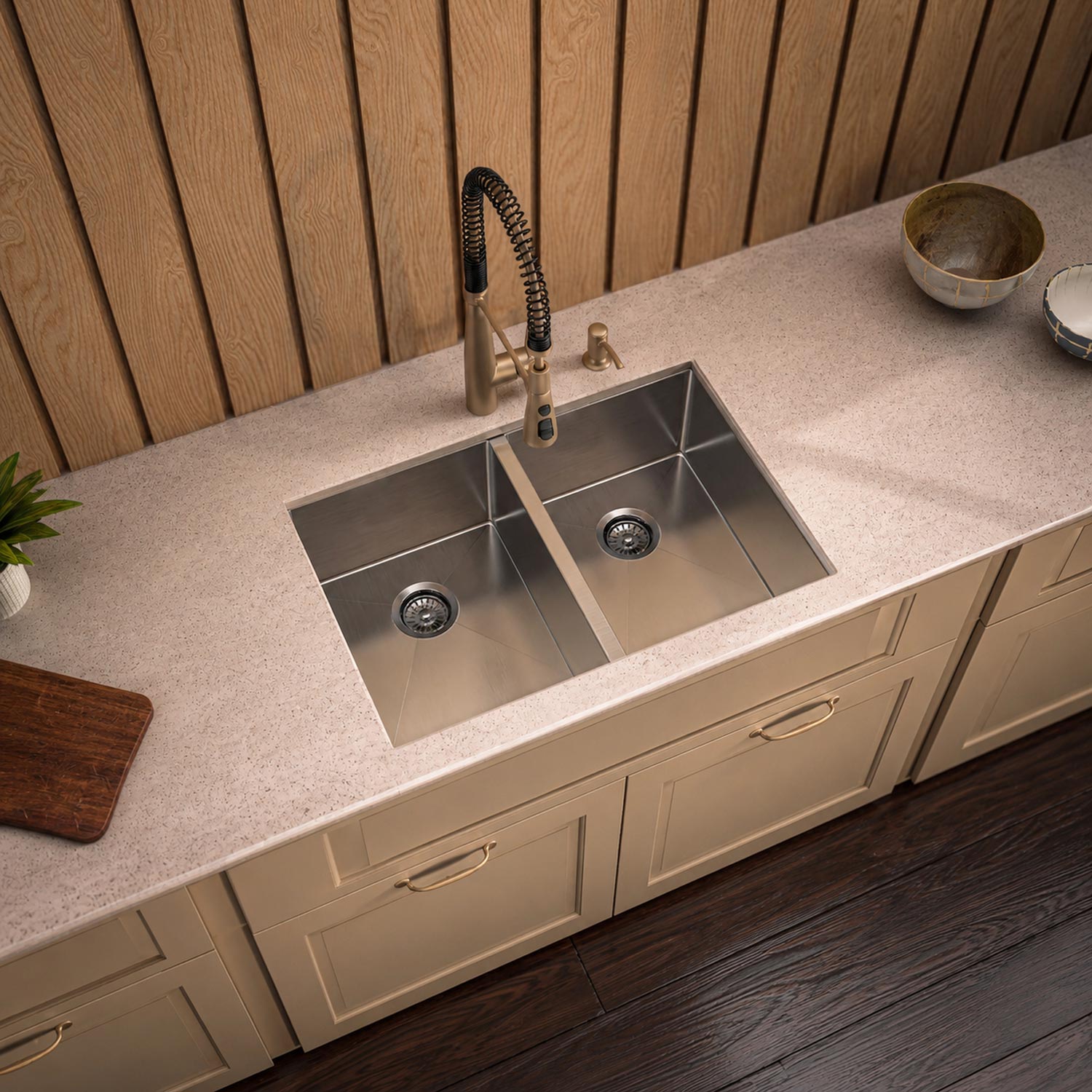 Brushed stainless steel commercial double bowl undermount kitchen sink