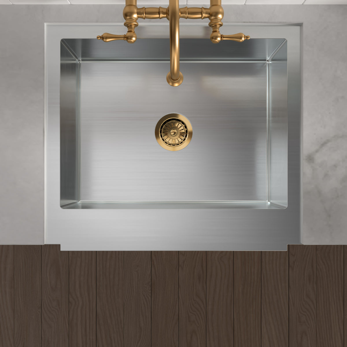 Brushed stainless steel commercial single bowl sink with a decorative notched front apron