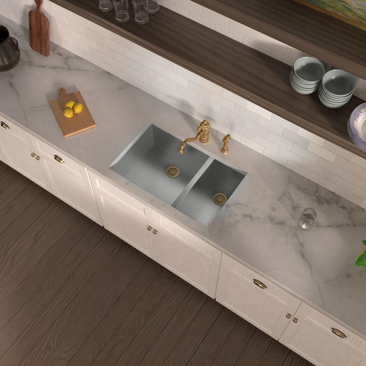Brushed stainless steel commercial double bowl undermount sink