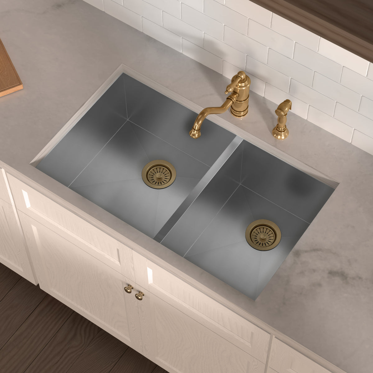 Brushed stainless steel commercial double bowl undermount sink