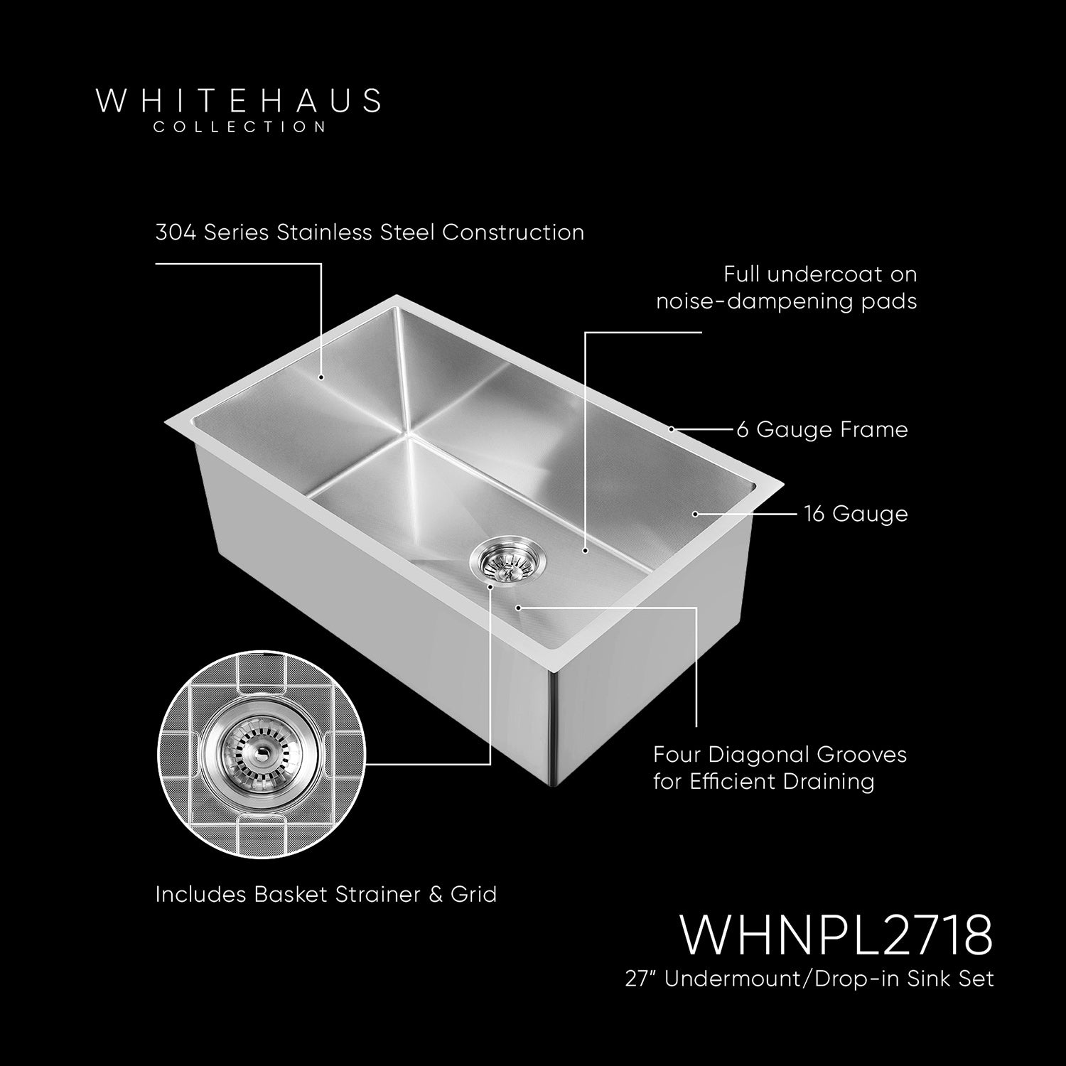 Undermount/Drop-In Single Bowl Kitchen Sink Set: 6 Gauge Frame, 16 Gauge Stainless Steel