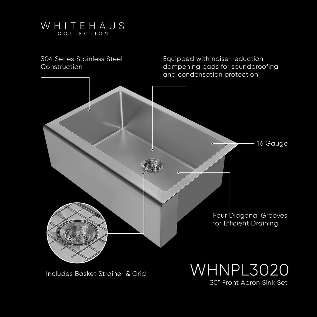 30&quot; Undermount Front Apron Single Bowl 16 Gauge Stainless Steel Kitchen Sink Set