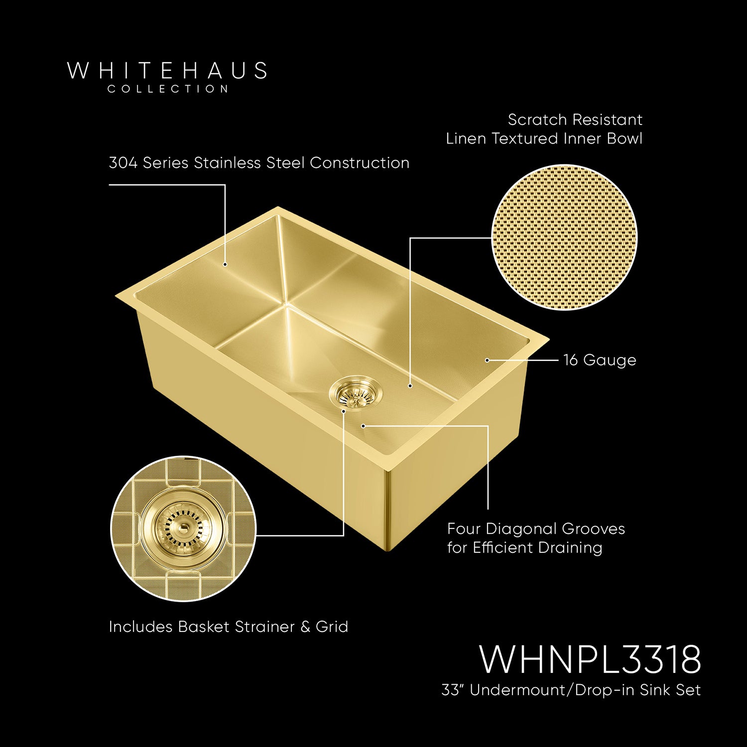 Undermount/Drop-In Single Bowl Stainless Steel Kitchen Sink Set: 16 Gauge, Linen Textured Inner Bowl