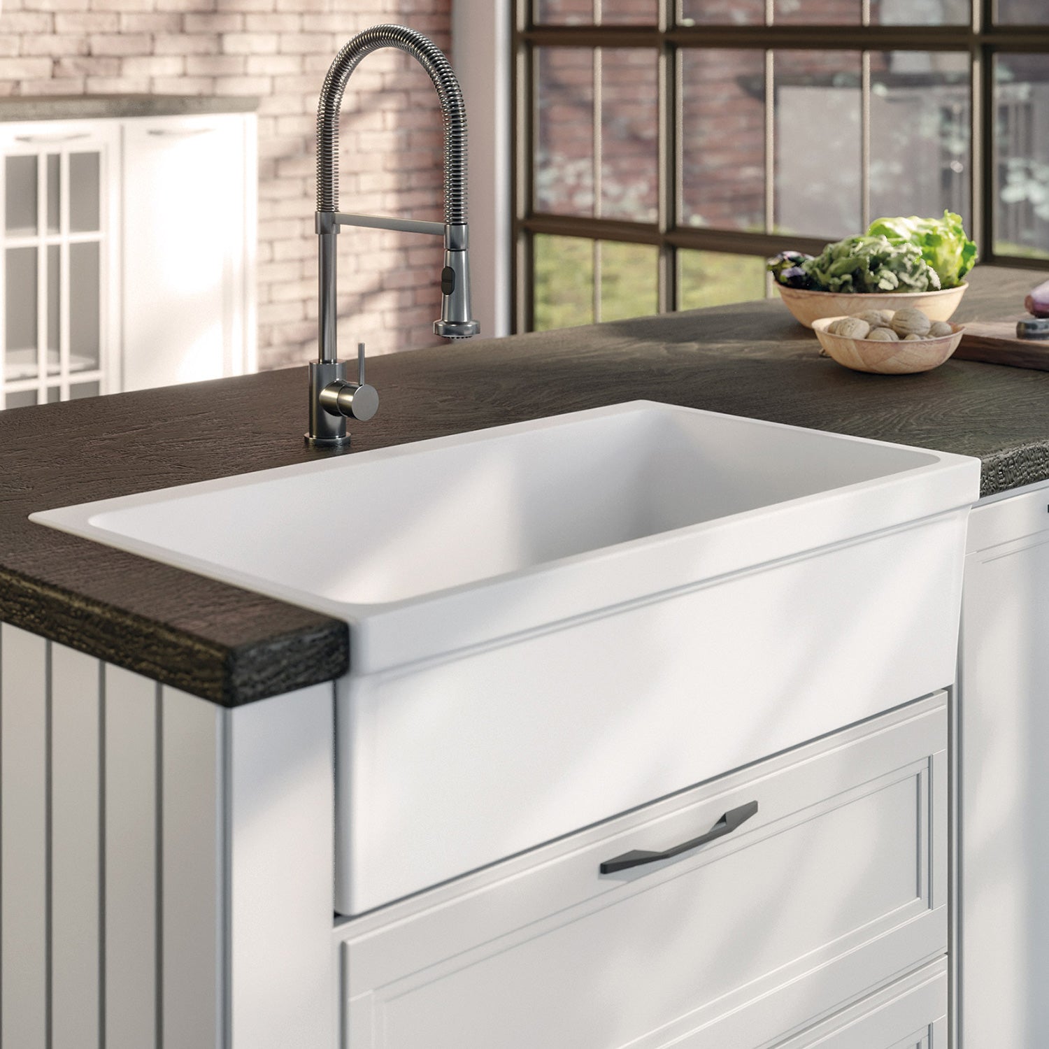 Reversible single bowl fireclay kitchen sinks: 2½” lip, 2” lip front apron