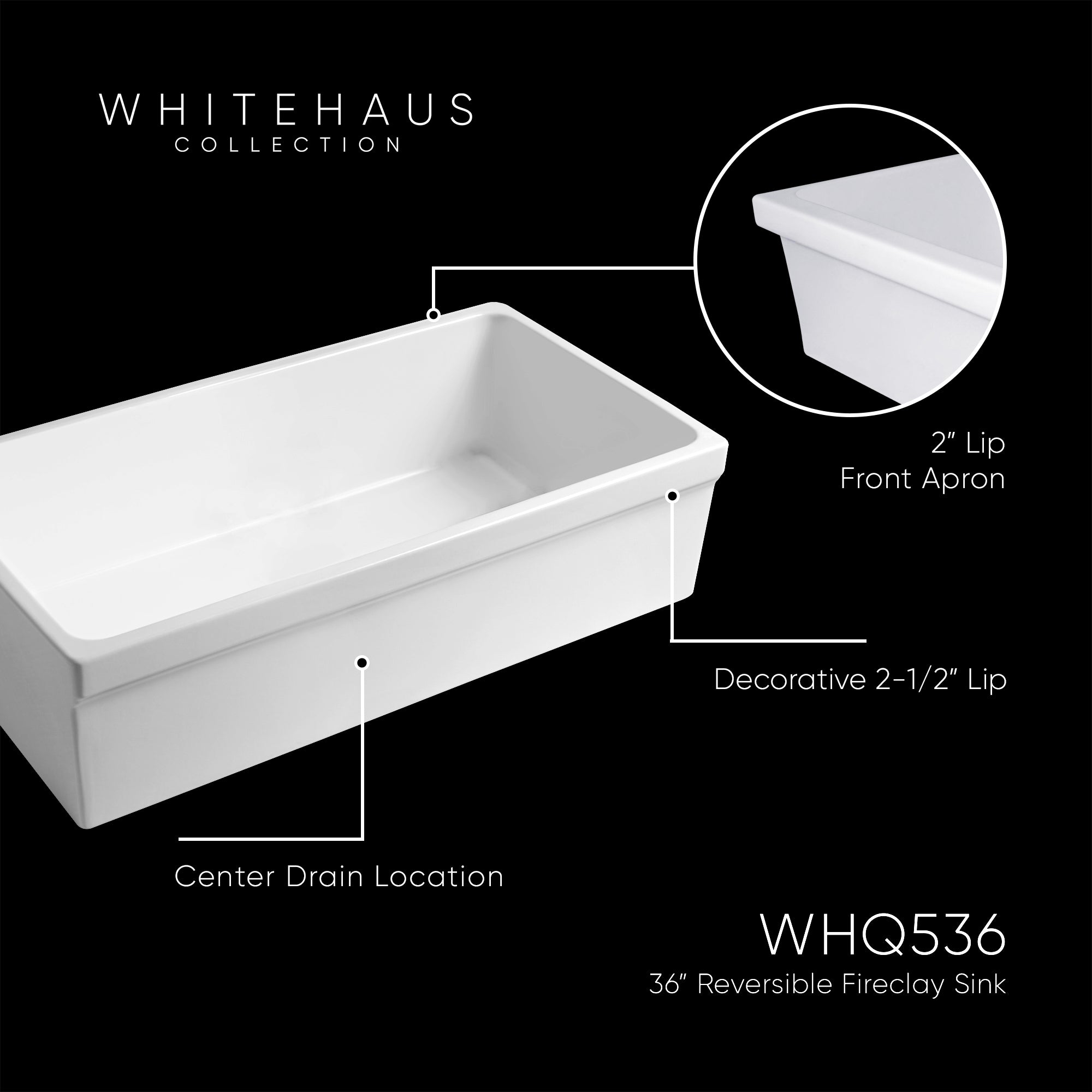 Reversible single bowl fireclay kitchen sinks: 2½” lip, 2” lip front apron