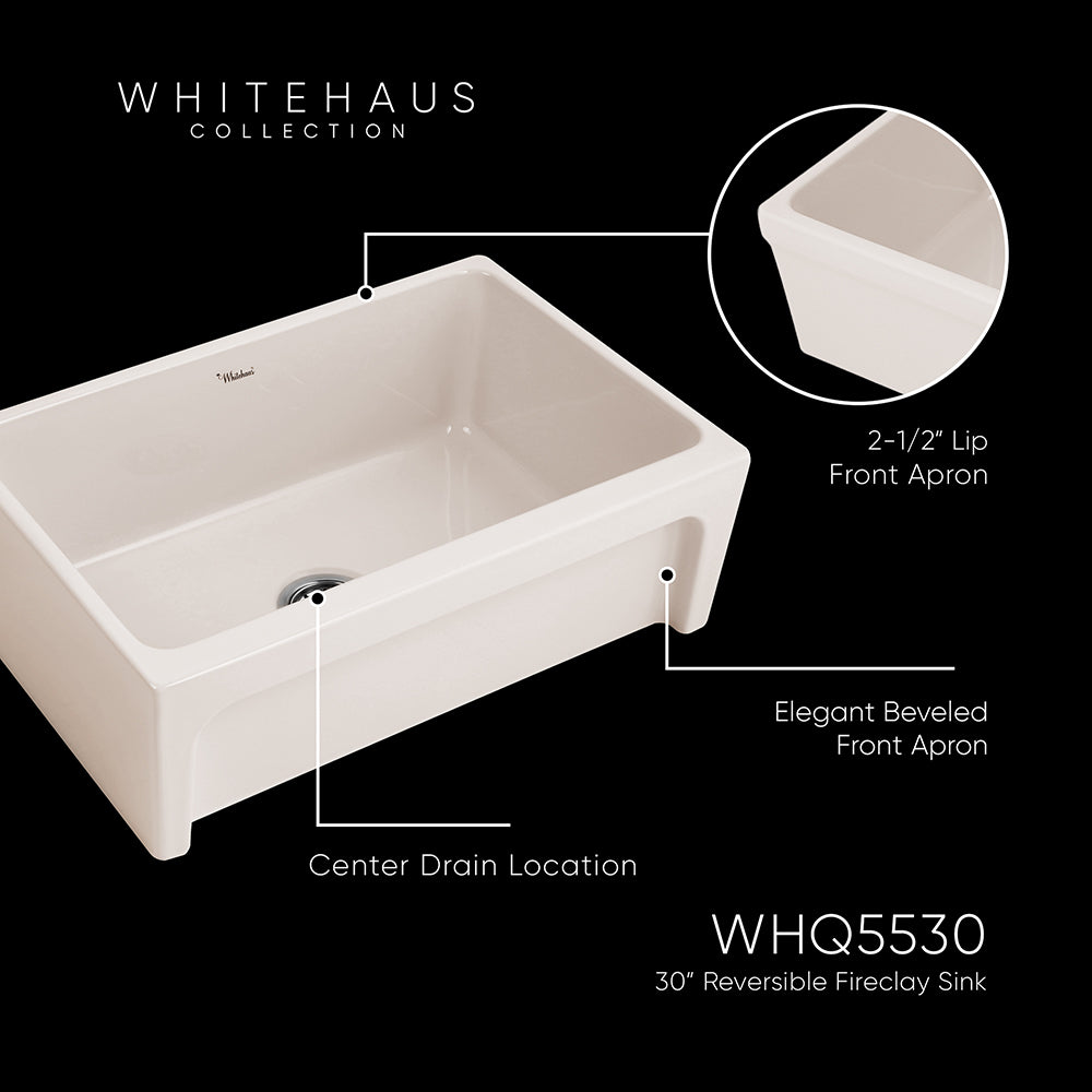 30&quot; Reversible Single Bowl Fireclay Kitchen Sink: 2½&quot; lip, beveled front apron