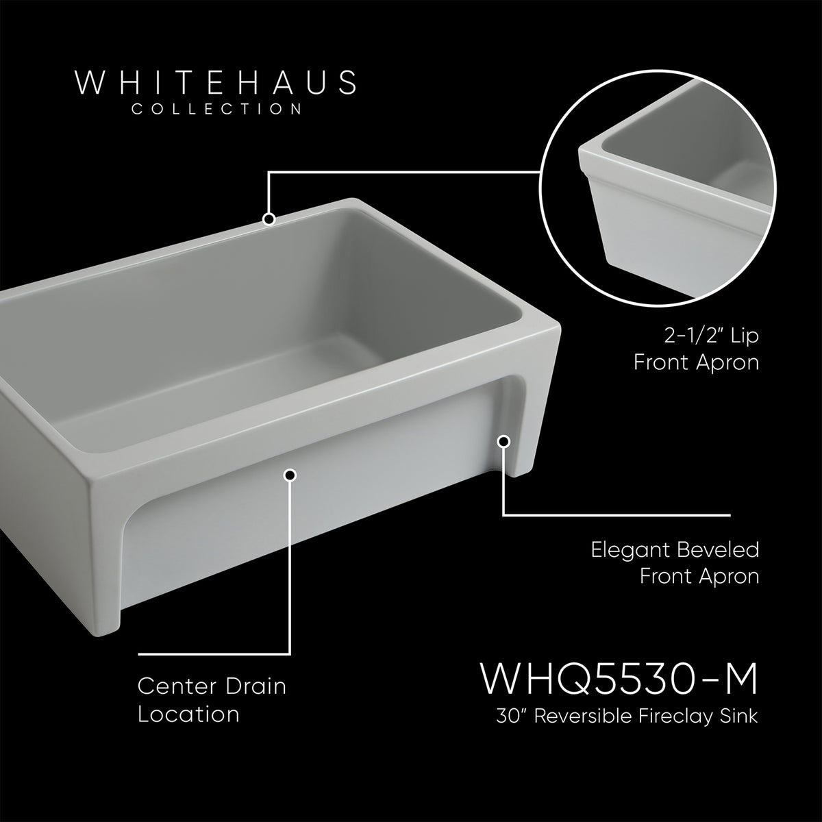 30&quot; Reversible Single Bowl Fireclay Kitchen Sink: 2½&quot; lip, beveled front apron