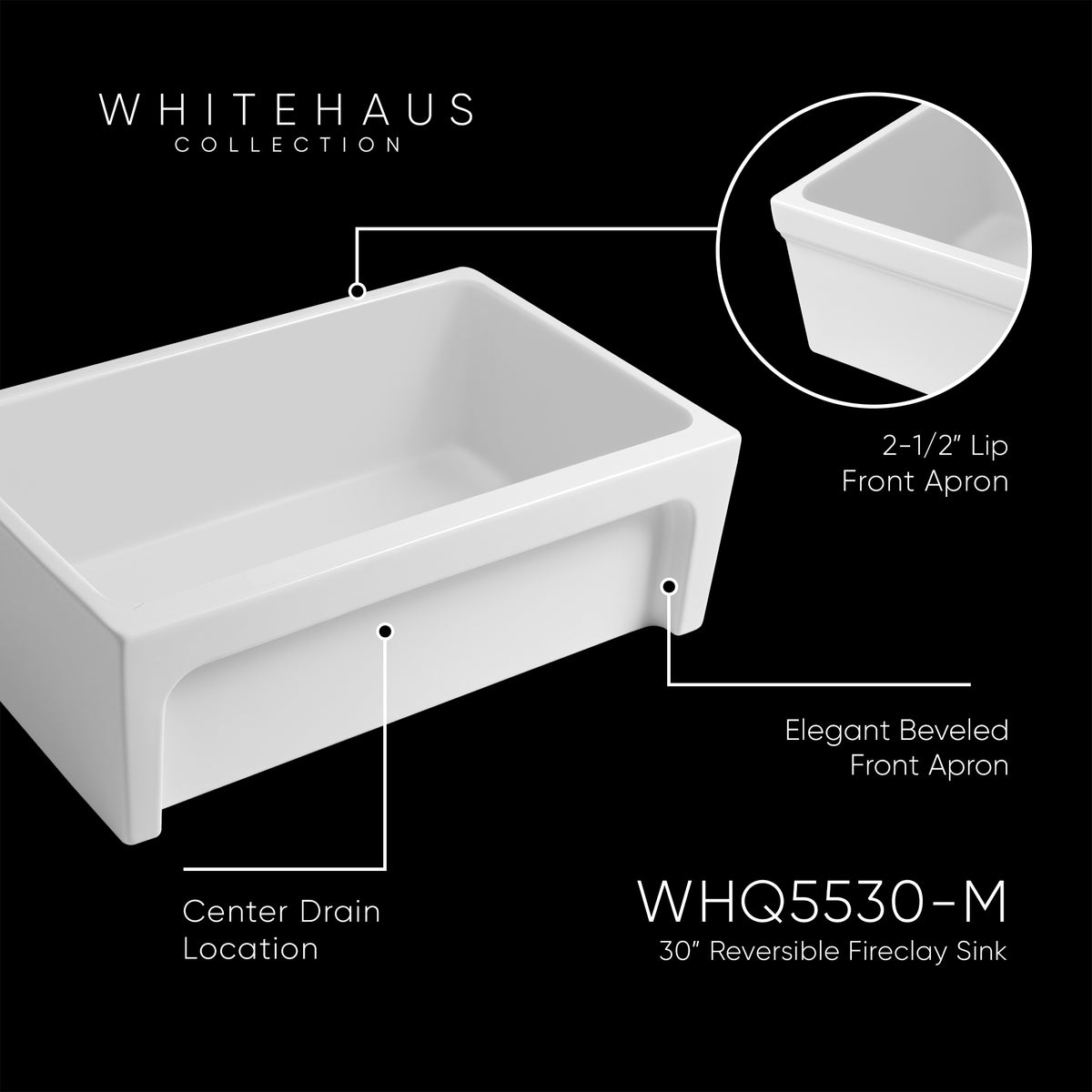 30&quot; Reversible Single Bowl Fireclay Kitchen Sink: 2½&quot; lip, beveled front apron