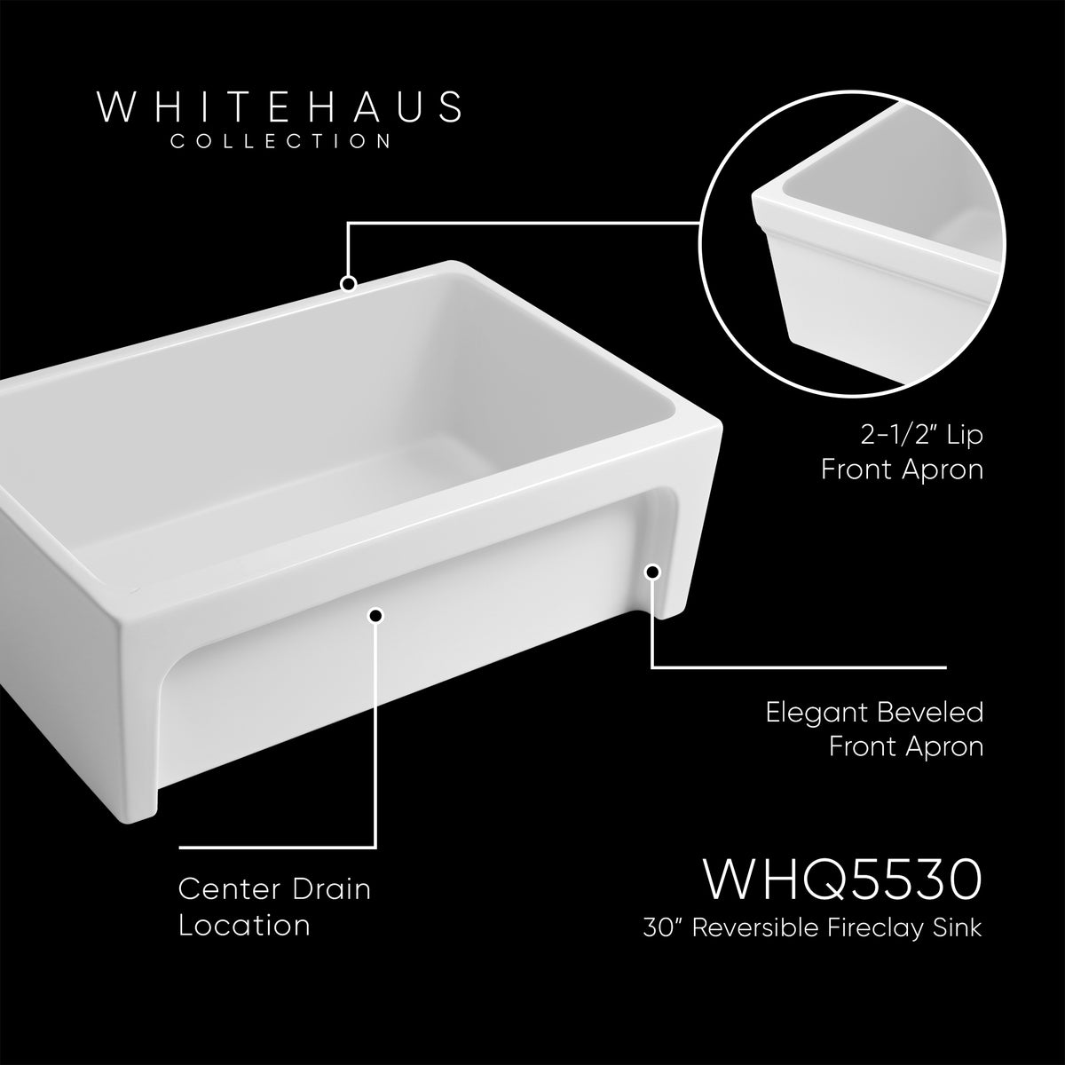 30&quot; Reversible Single Bowl Fireclay Kitchen Sink: 2½&quot; lip, beveled front apron