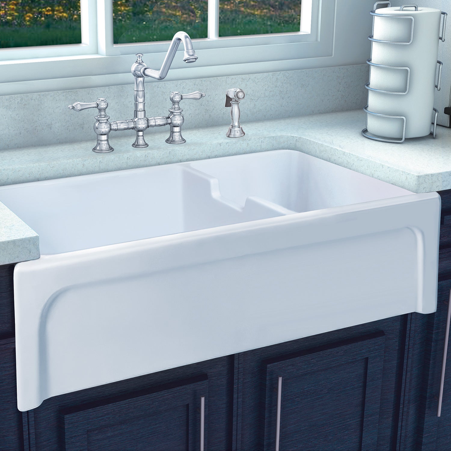 42" large reversible double bowl fireclay kitchen sink: beveled, 2½" Lip front apron