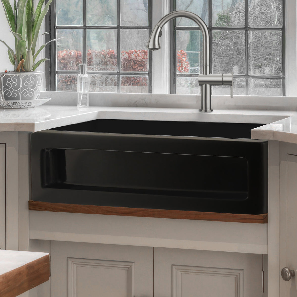 33&quot; reversible single bowl fireclay kitchen sink: shaker panel, beveled front apron