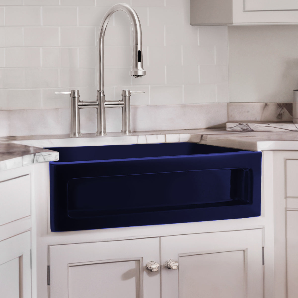 33&quot; reversible single bowl fireclay kitchen sink: shaker panel, beveled front apron