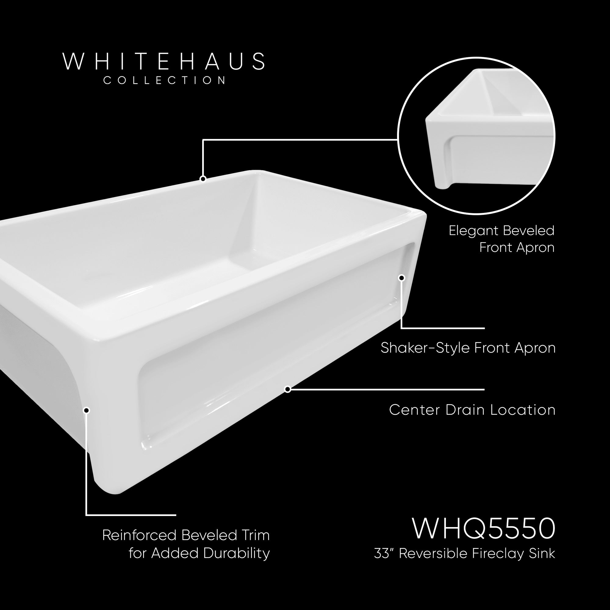 33" reversible single bowl fireclay kitchen sink: shaker panel, beveled front apron