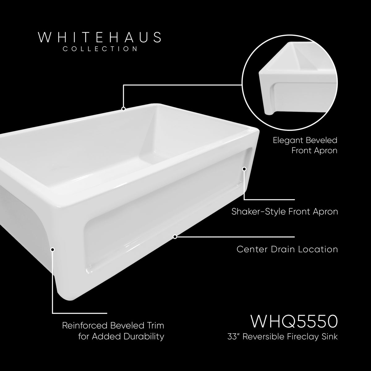 33&quot; reversible single bowl fireclay kitchen sink: shaker panel, beveled front apron