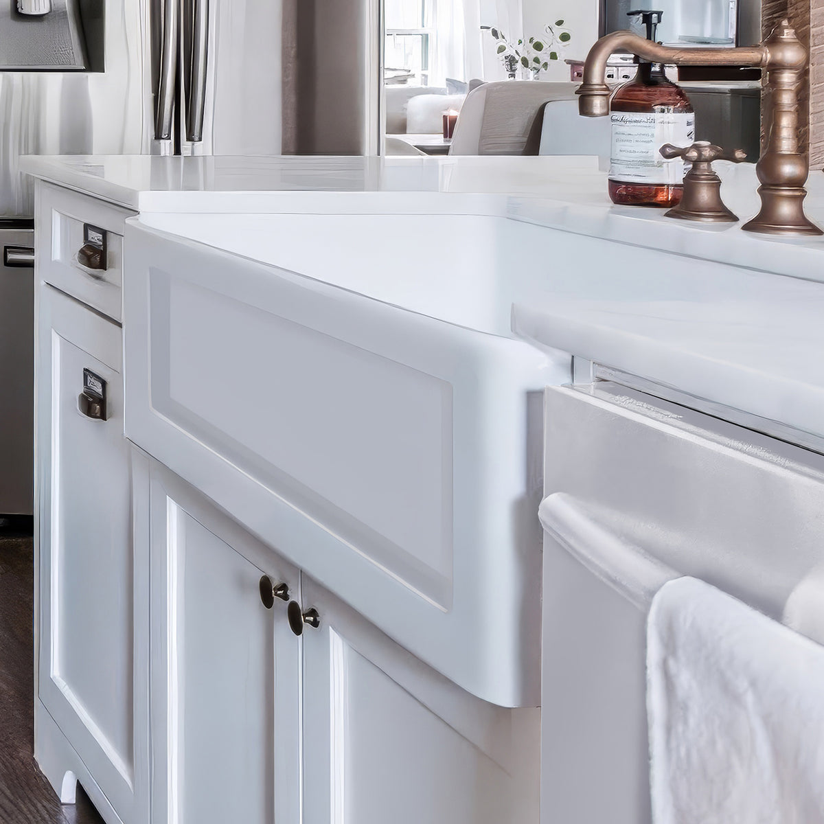 33&quot; reversible single bowl fireclay kitchen sink: shaker panel, beveled front apron