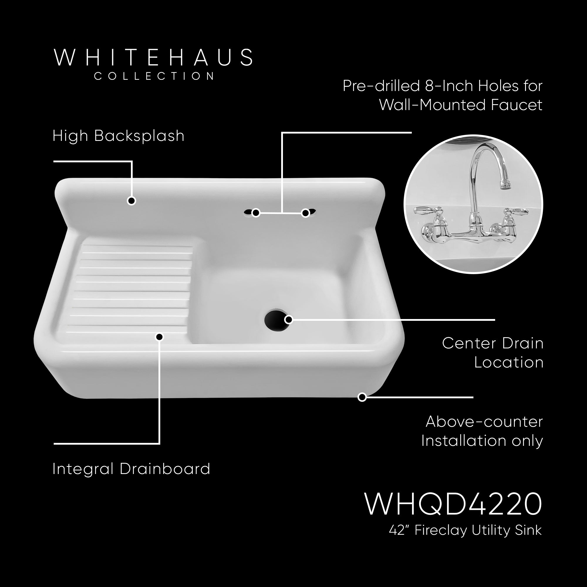 42" Single Bowl Fireclay Utility Above Mount Sink: Integral Drain Board, High Backsplash