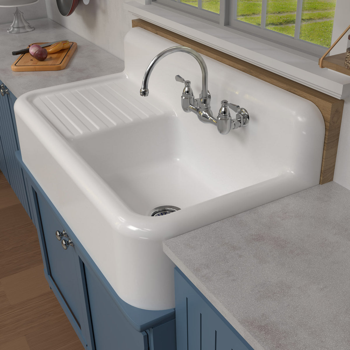 42&quot; Single Bowl Fireclay Kitchen Or Utility Front Apron Sink: Integral Drainboard, High Backsplash
