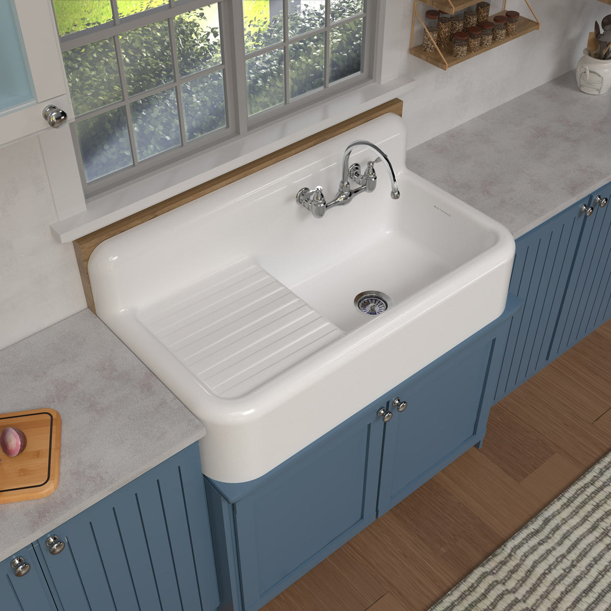 42&quot; Single Bowl Fireclay Kitchen Or Utility Front Apron Sink: Integral Drainboard, High Backsplash