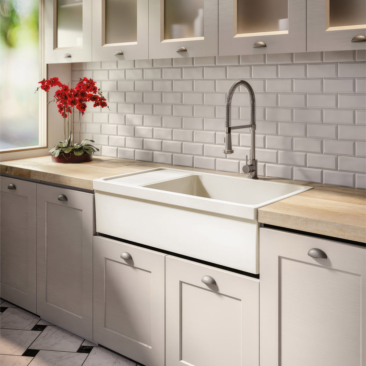 Large reversible single bowl fireclay kitchen sink: integral drain board, 2½” lip front apron