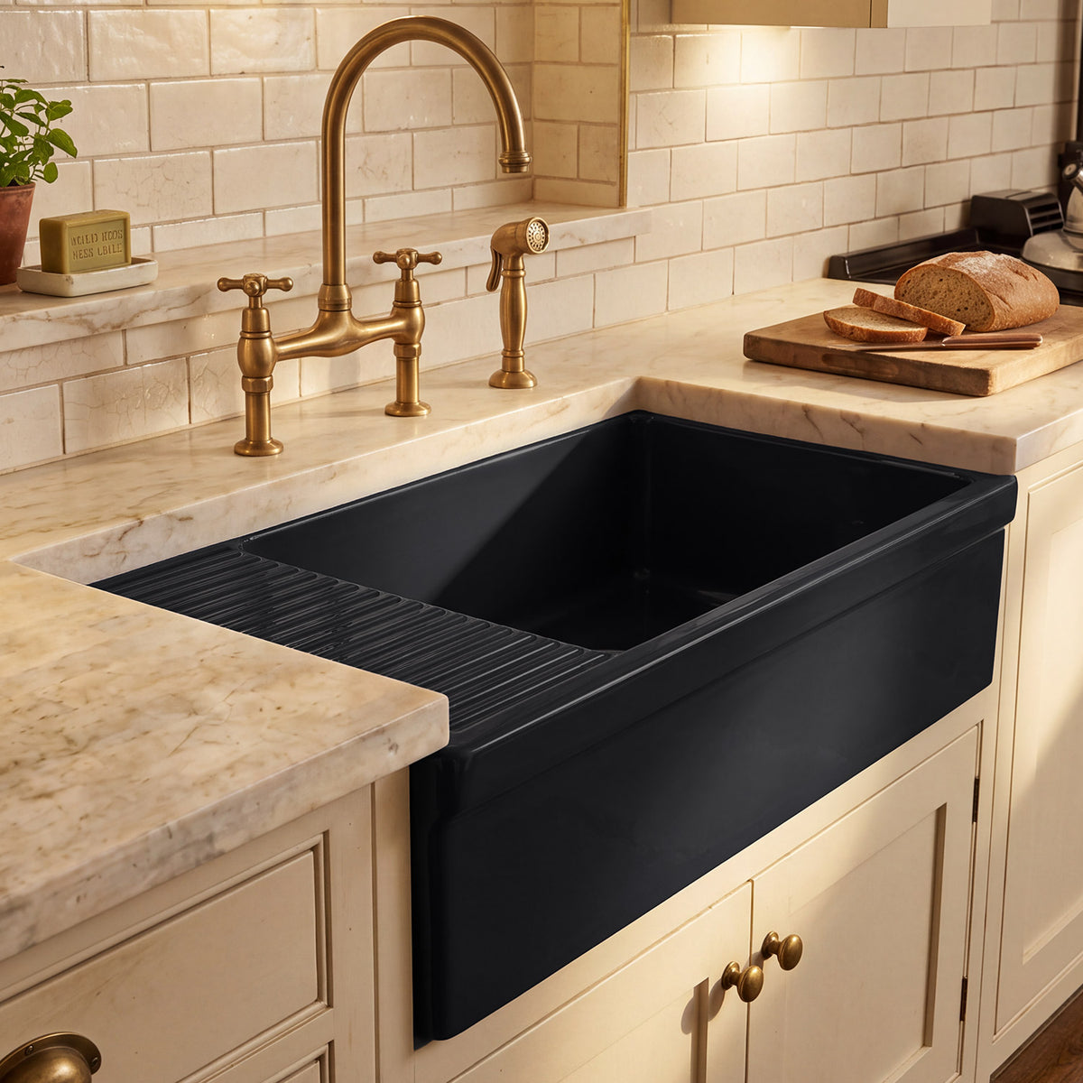 Large reversible single bowl fireclay kitchen sink: integral drain board, 2½” lip front apron