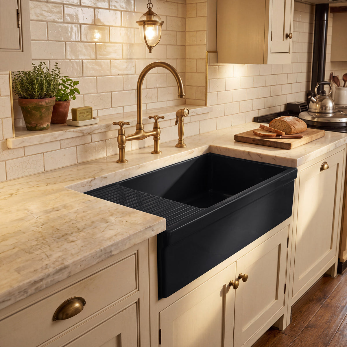Large reversible single bowl fireclay kitchen sink: integral drain board, 2½” lip front apron
