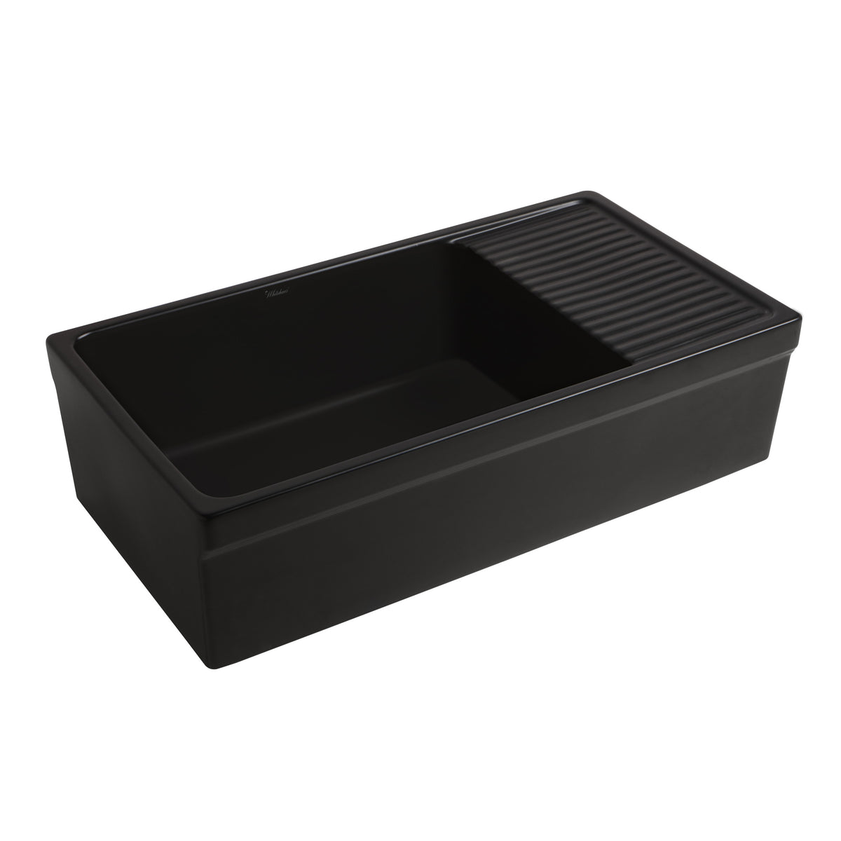 Large reversible single bowl fireclay kitchen sink: integral drain board, 2½” lip front apron