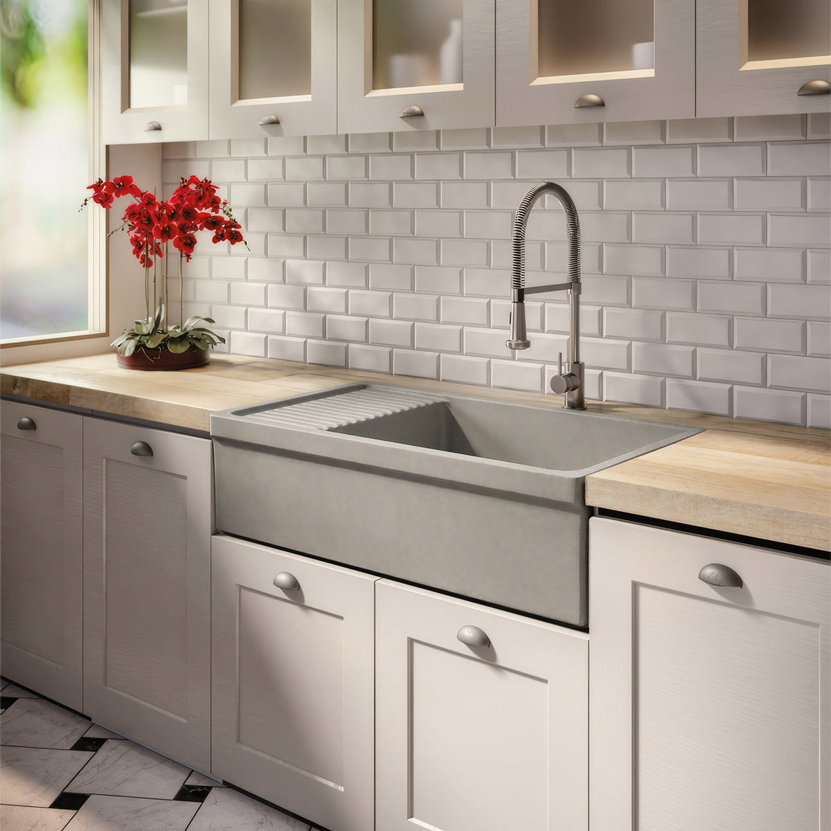Large reversible single bowl fireclay kitchen sink: integral drain board, 2½” lip front apron