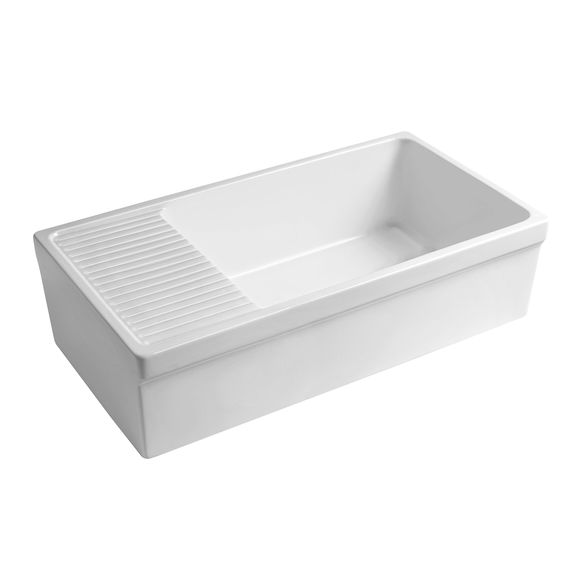 36" large reversible single bowl fireclay kitchen sink: integral drain board, 2½” lip front apron