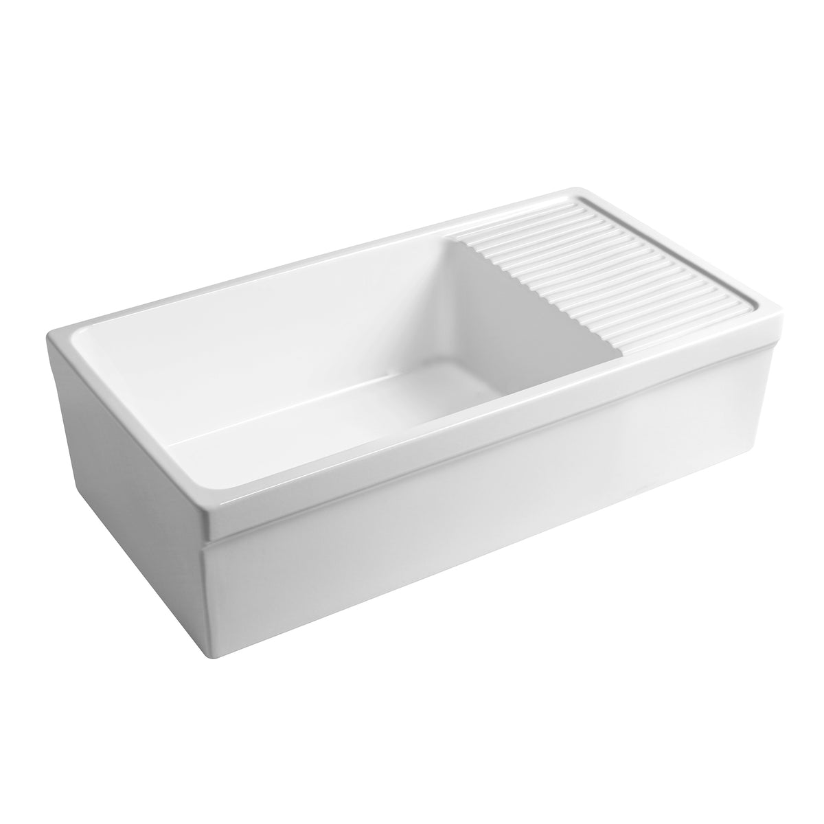 Large reversible single bowl fireclay kitchen sink: integral drain board, 2½” lip front apron