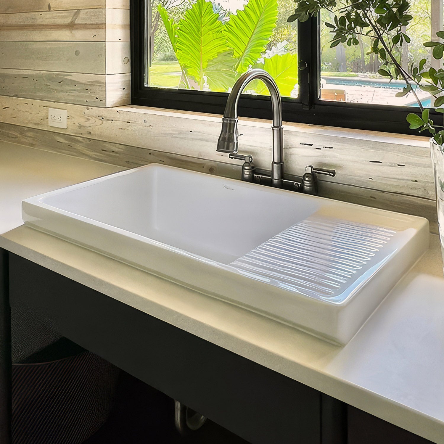 36" large reversible single bowl fireclay kitchen sink: integral drain board, 2½” lip front apron