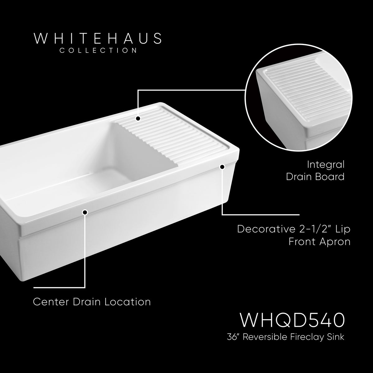 36&quot; large reversible single bowl fireclay kitchen sink: integral drain board, 2½” lip front apron