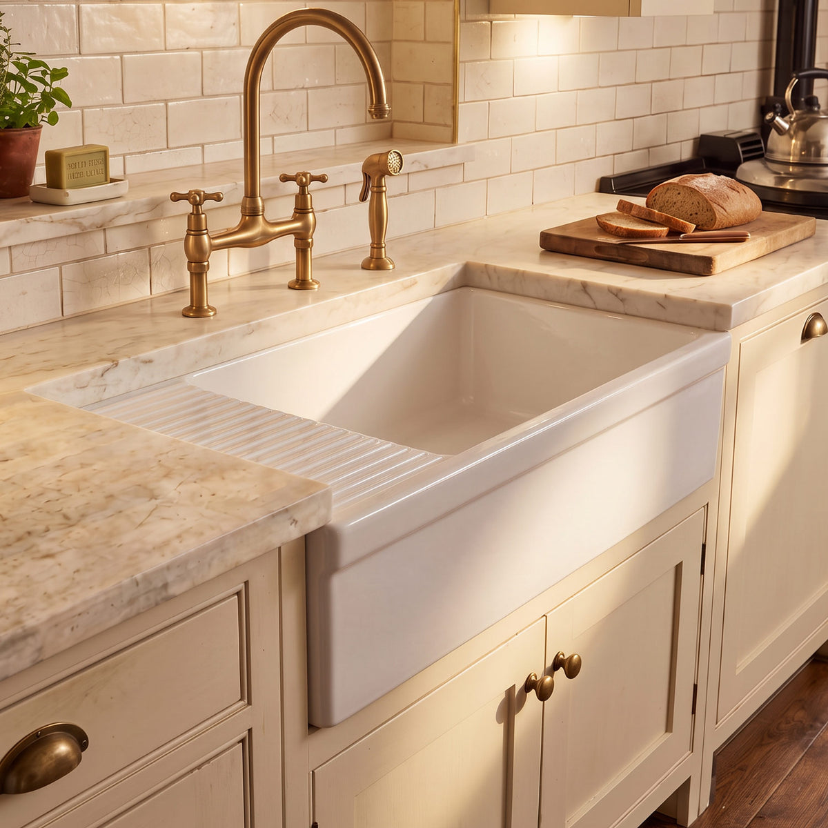 Large reversible single bowl fireclay kitchen sink: integral drain board, 2½” lip front apron
