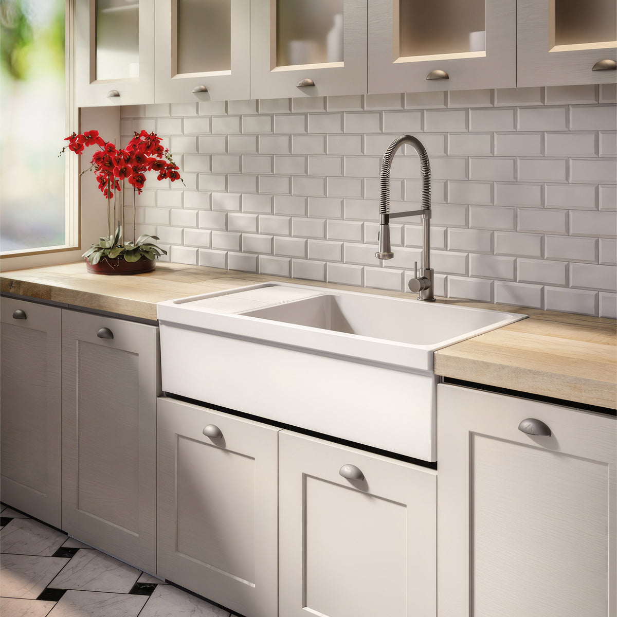 36&quot; large reversible single bowl fireclay kitchen sink: integral drain board, 2½” lip front apron