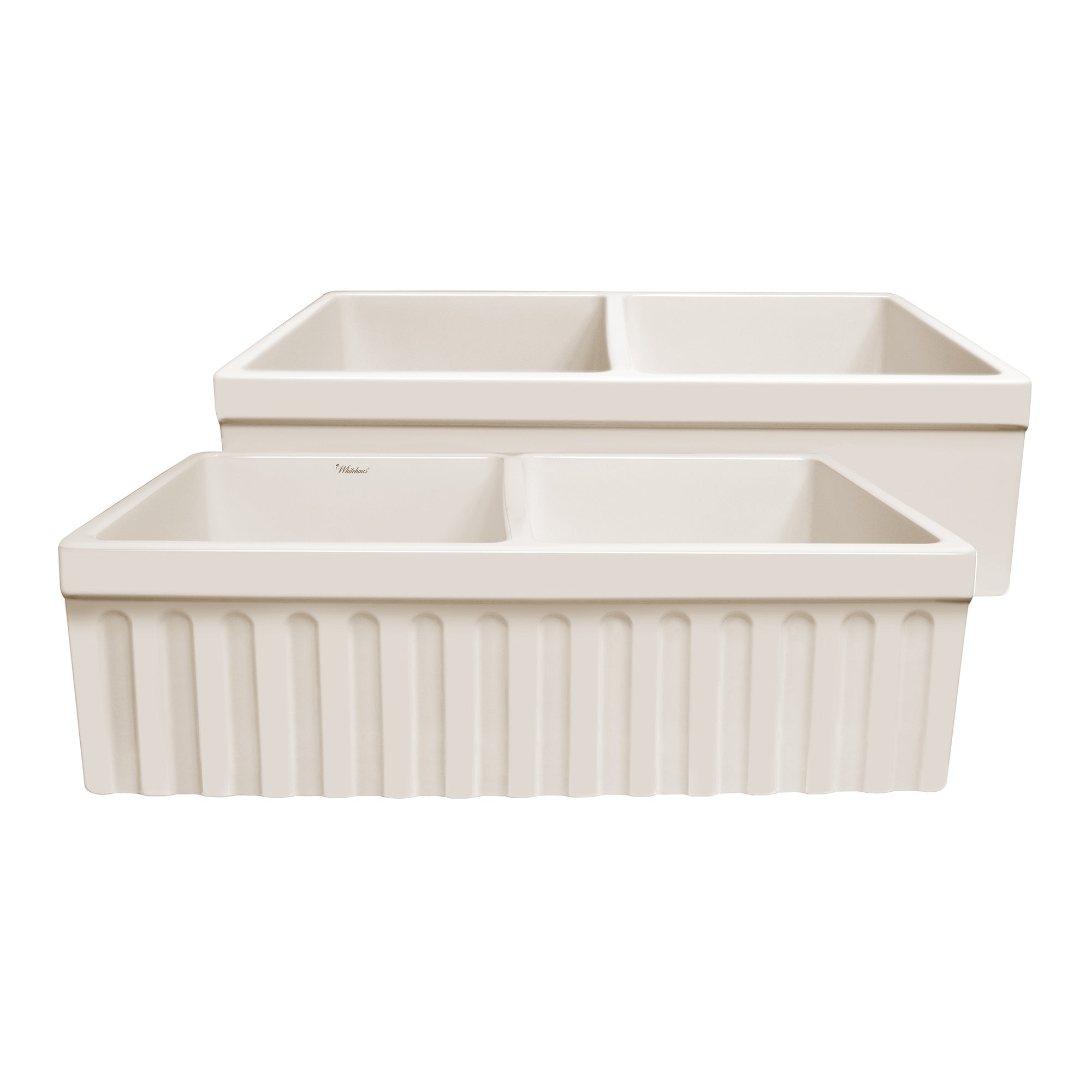 33" reversible double bowl fireclay kitchen sink: 2½” lip and fluted, 2” lip front apron