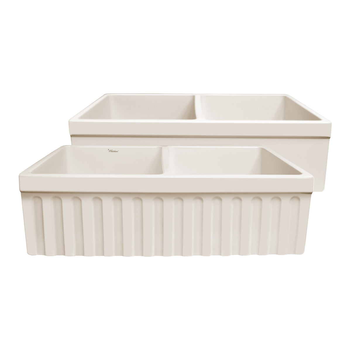 33&quot; reversible double bowl fireclay kitchen sink: 2½” lip and fluted, 2” lip front apron