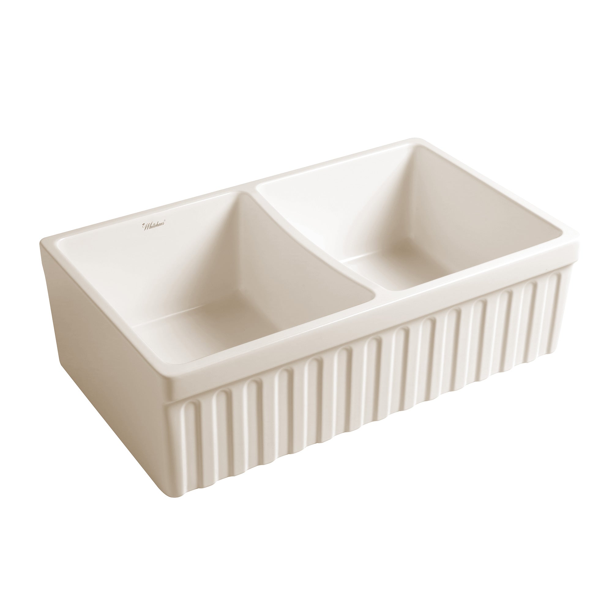 33" reversible double bowl fireclay kitchen sink: 2½” lip and fluted, 2” lip front apron