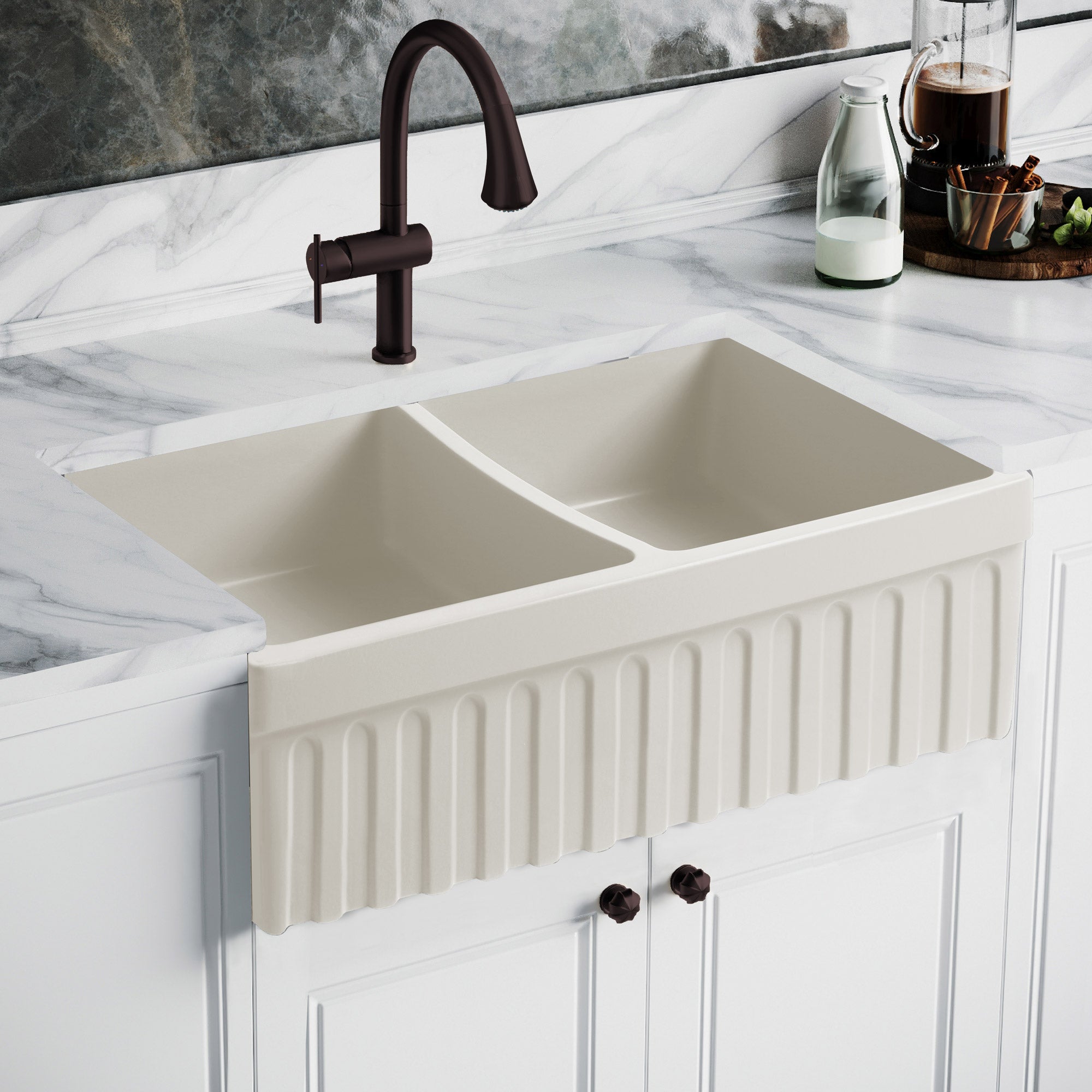 33" reversible double bowl fireclay kitchen sink: 2½” lip and fluted, 2” lip front apron