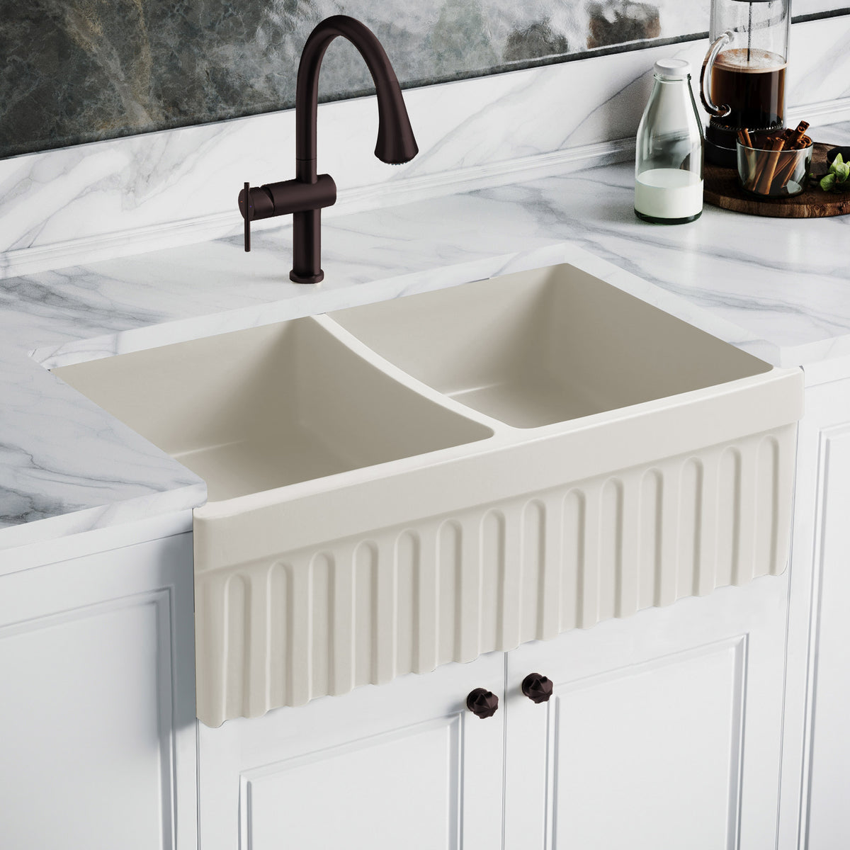 33 reversible double bowl fireclay kitchen sink: 2½” lip and fluted