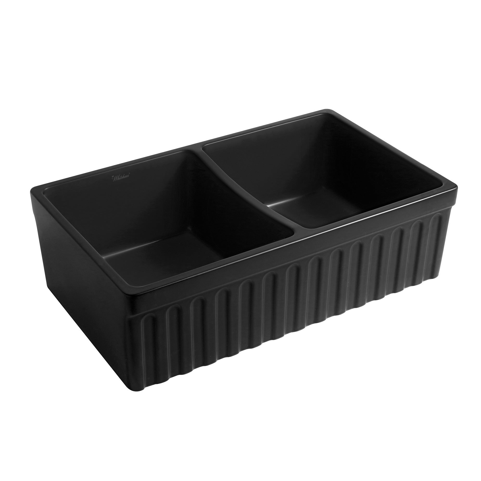 33" reversible double bowl fireclay kitchen sink: 2½” lip and fluted, 2” lip front apron