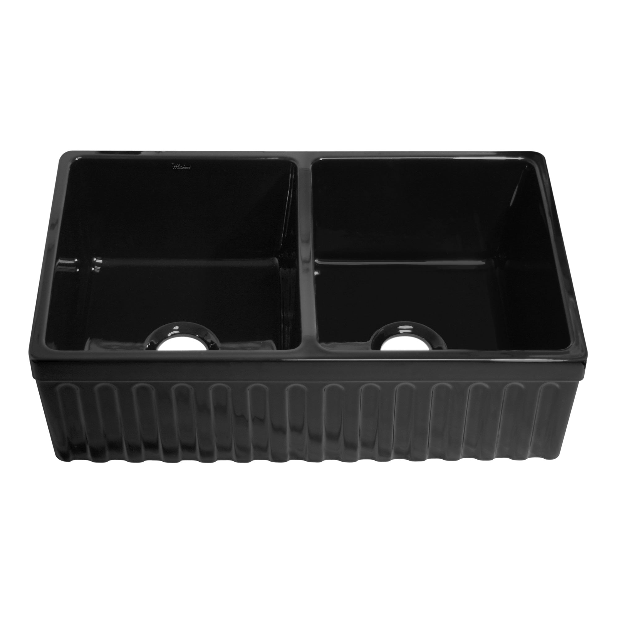 33" reversible double bowl fireclay kitchen sink: 2½” lip and fluted, 2” lip front apron