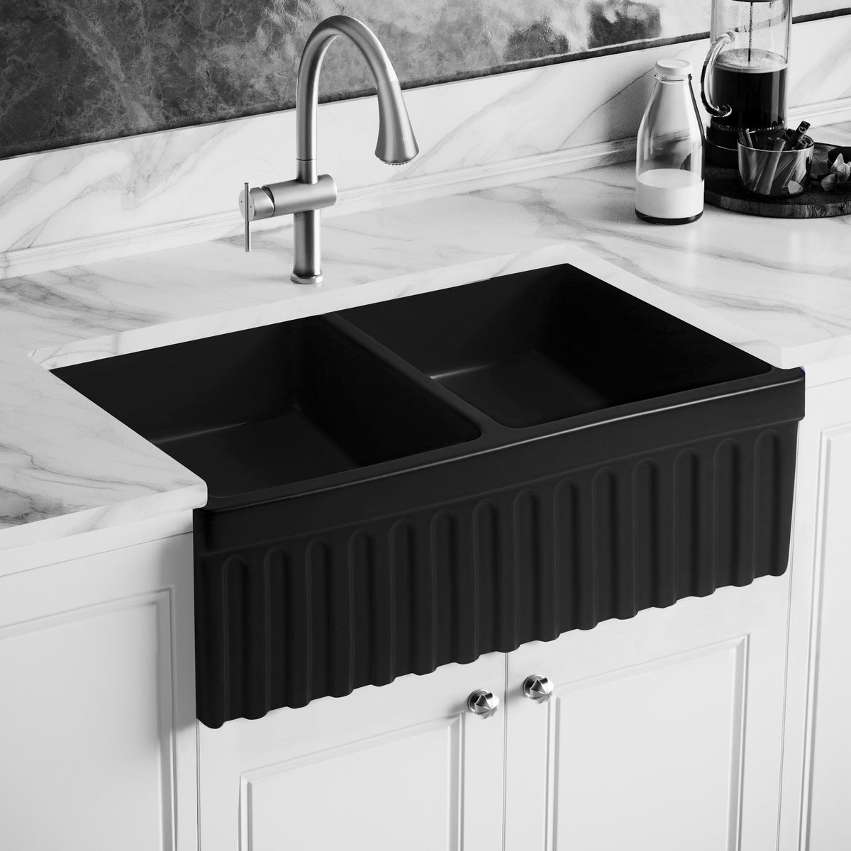 33&quot; reversible double bowl fireclay kitchen sink: 2½” lip and fluted, 2” lip front apron