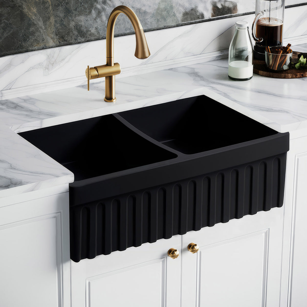 33&quot; reversible double bowl fireclay kitchen sink: 2½” lip and fluted, 2” lip front apron