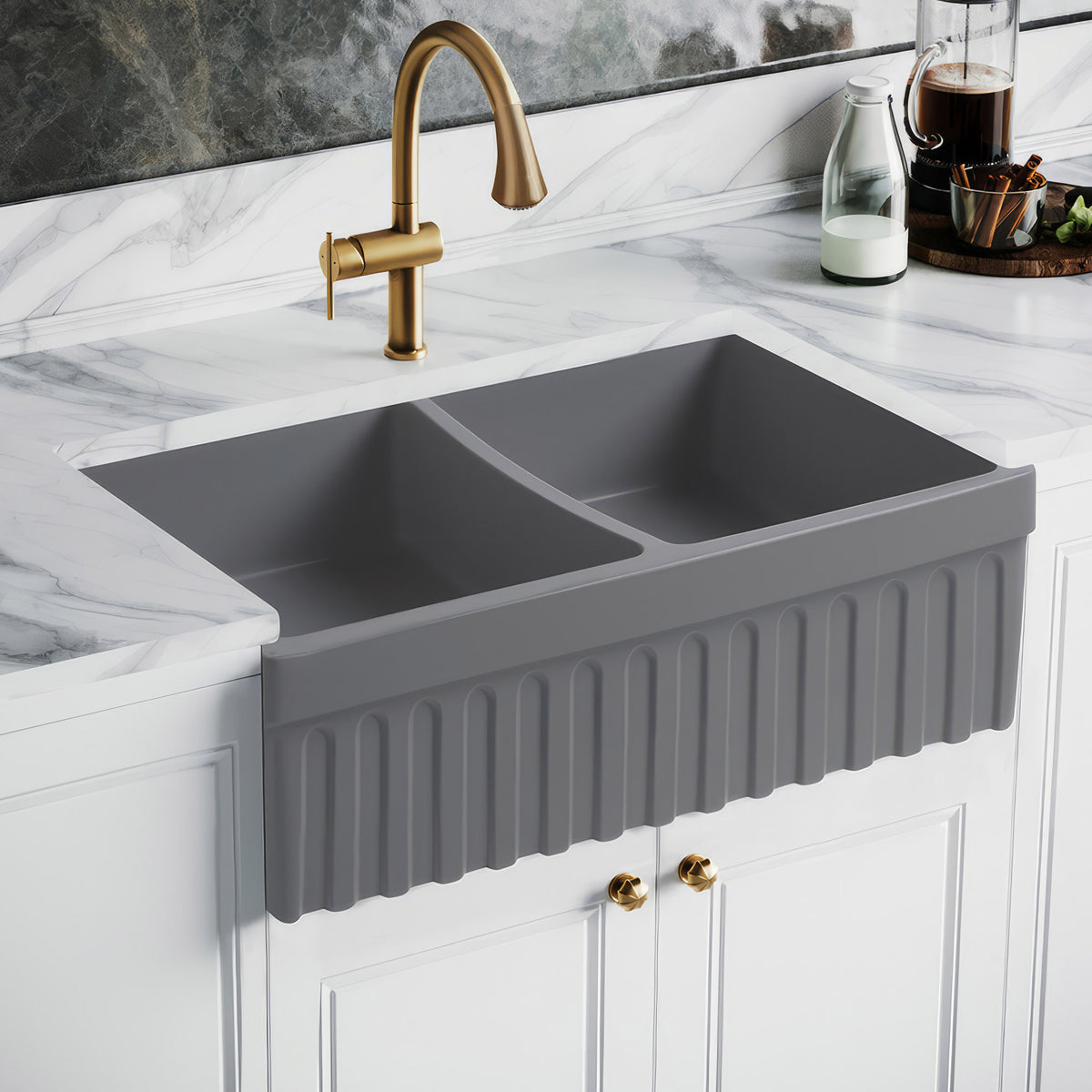 33&quot; reversible double bowl fireclay kitchen sink: 2½” lip and fluted, 2” lip front apron