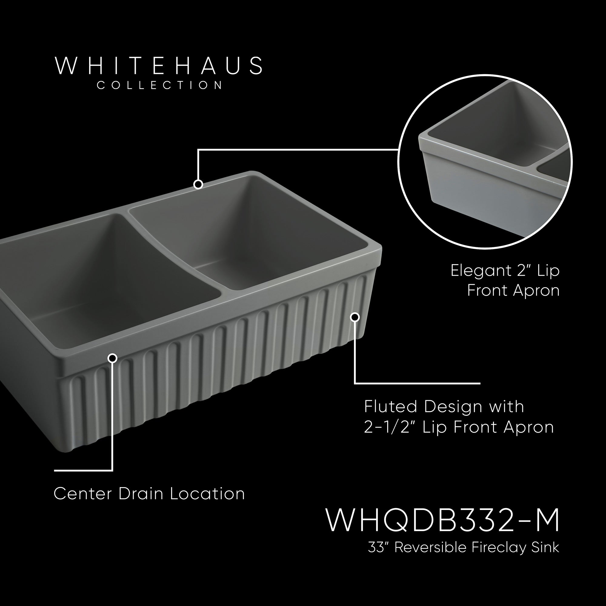 33" reversible double bowl fireclay kitchen sink: 2½” lip and fluted, 2” lip front apron