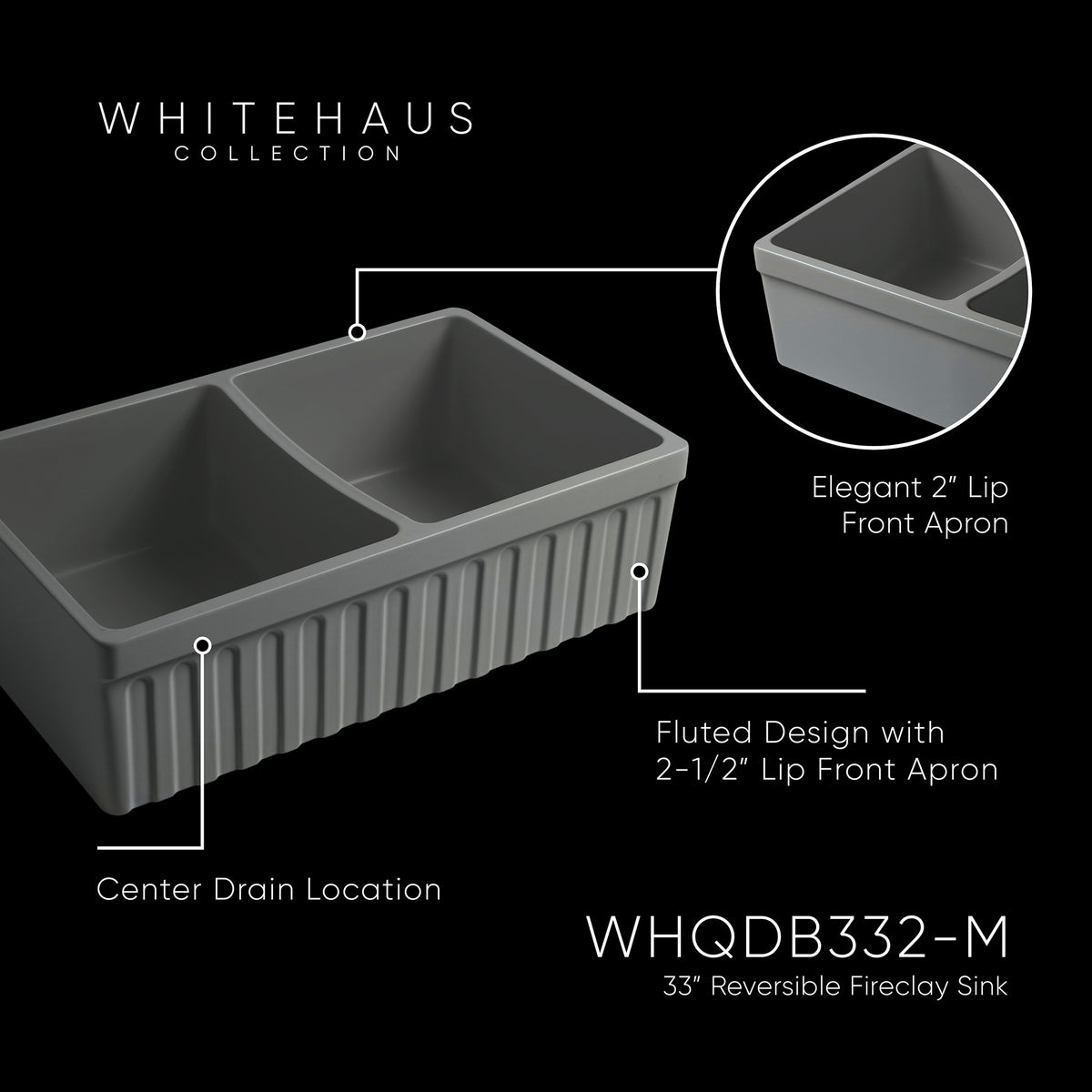 33&quot; reversible double bowl fireclay kitchen sink: 2½” lip and fluted, 2” lip front apron