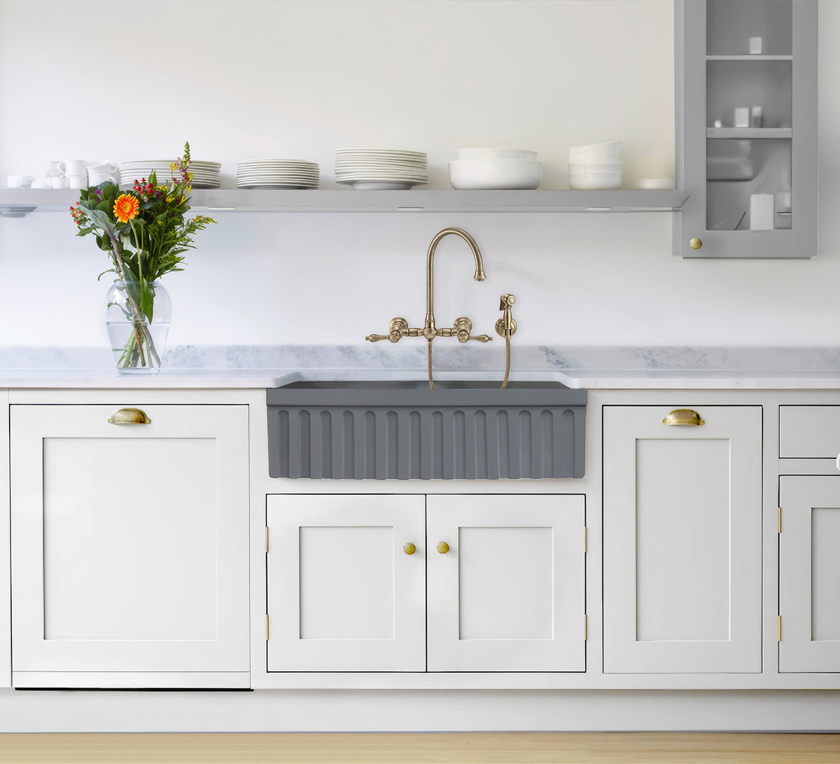 33&quot; reversible double bowl fireclay kitchen sink: 2½” lip and fluted, 2” lip front apron