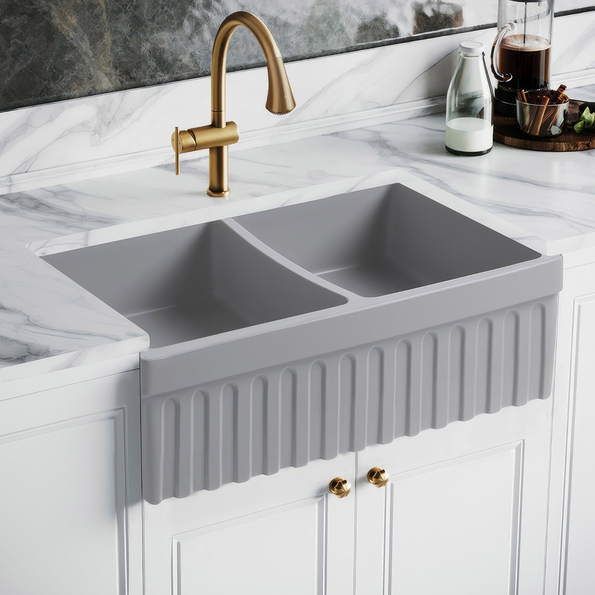33" reversible double bowl fireclay kitchen sink: 2½” lip and fluted, 2” lip front apron