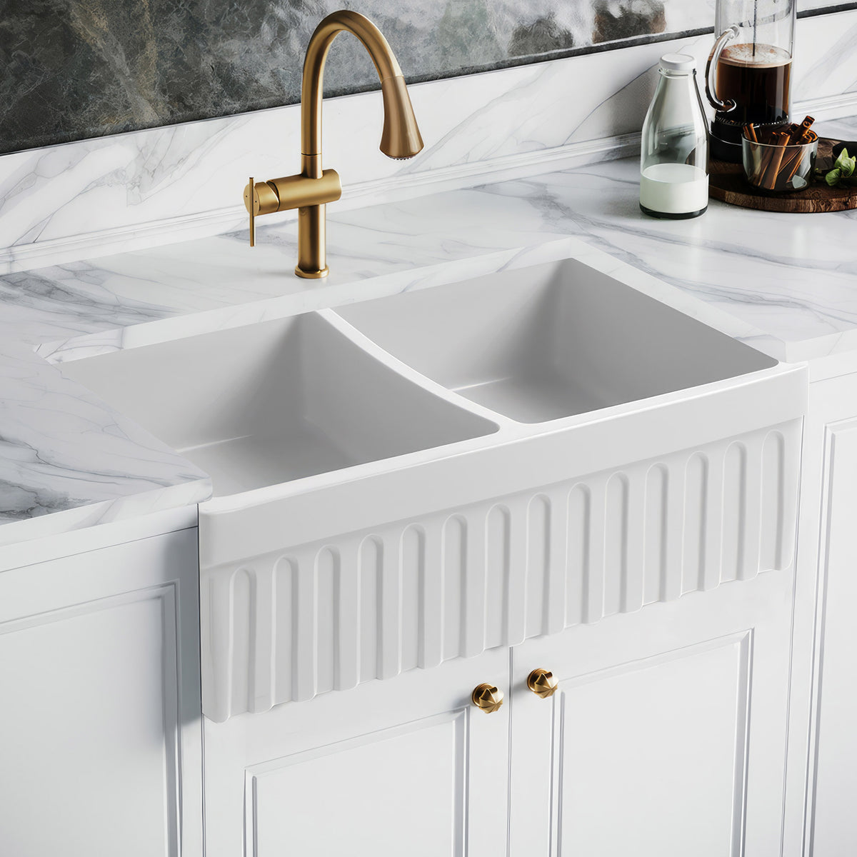 33&quot; reversible double bowl fireclay kitchen sink: 2½” lip and fluted, 2” lip front apron
