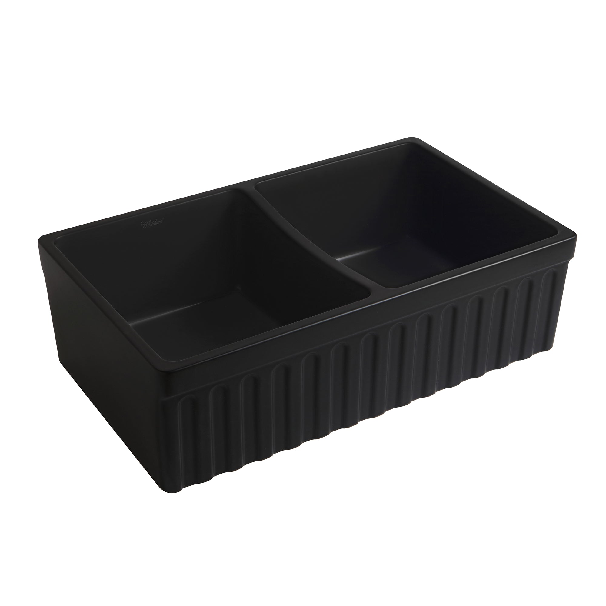 33" reversible double bowl fireclay kitchen sink: 2½” lip and fluted, 2” lip front apron